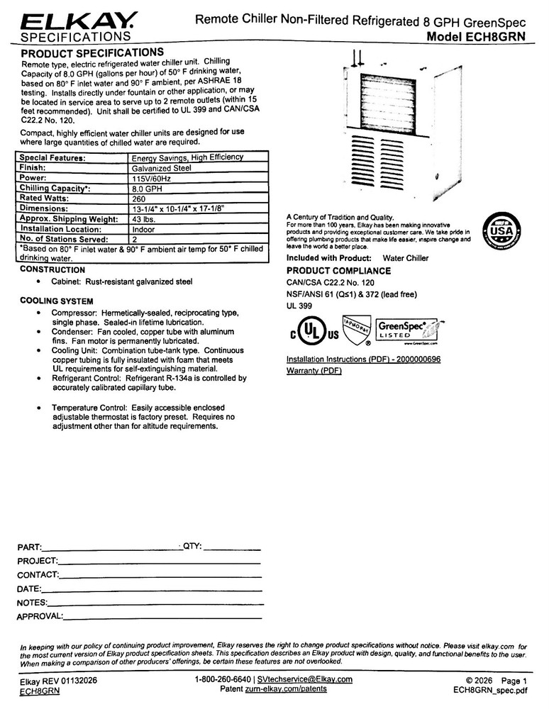 Elkay ECH8GRN - Remote Chiller Non-Filtered Refrigerated 8 GPH GreenSpec