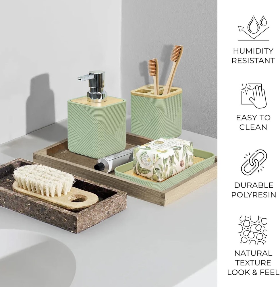 CERBIOR Bathroom Accessories Set 6 Piece Bamboo Bath Ensemble Includes Soap Disp