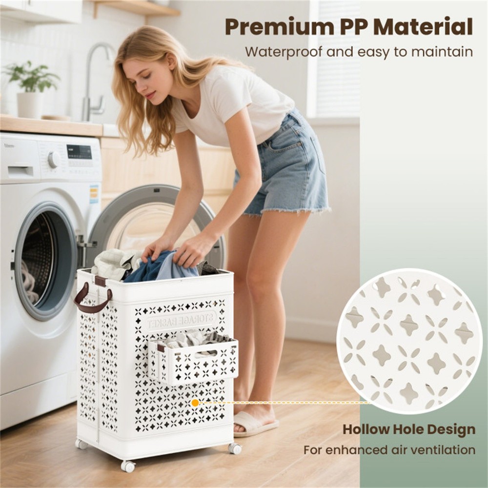 20 Gallon Foldable Laundry Hamper with Mini Hanging Basket, PP Hollow Design