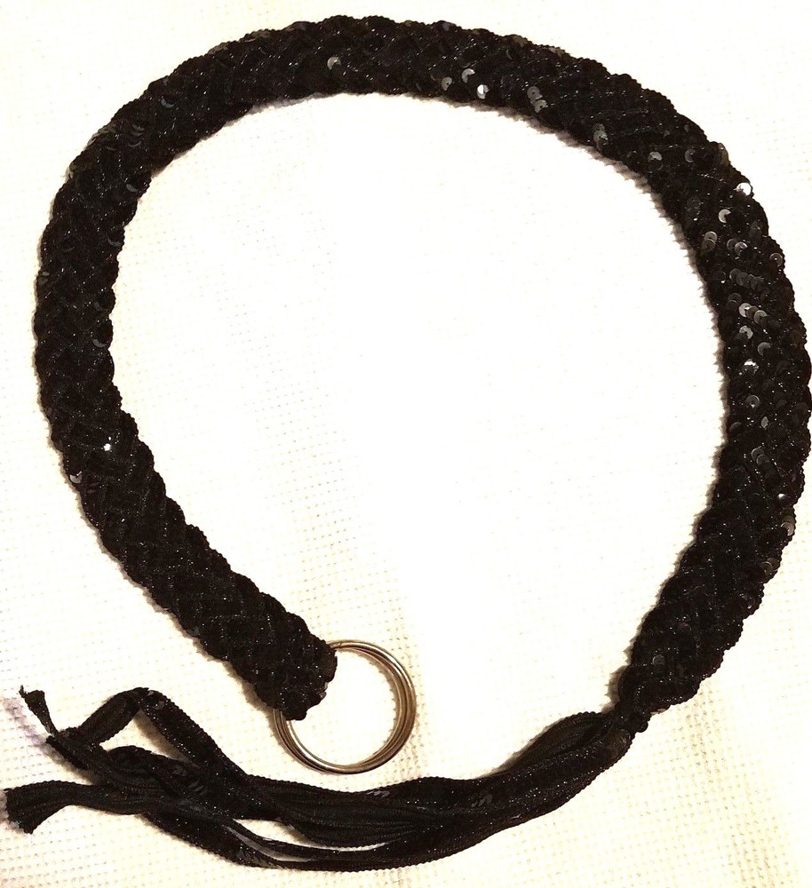 Girls Black Sequence Belt 34" Braided Double Buckle Loop Belt Shiny Accessory