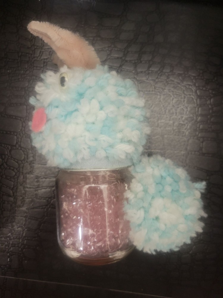 Vintage Handmade Pompom Bunny Glass Jar Easter Decor