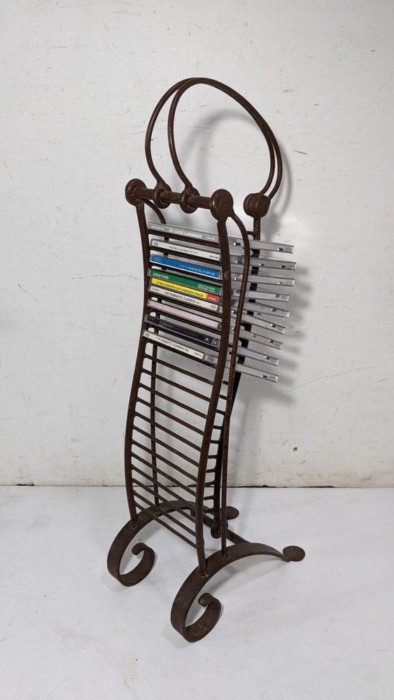 Vintage Rustic Wrought Iron Sculptural CD Storage Display Rack Stand Handle