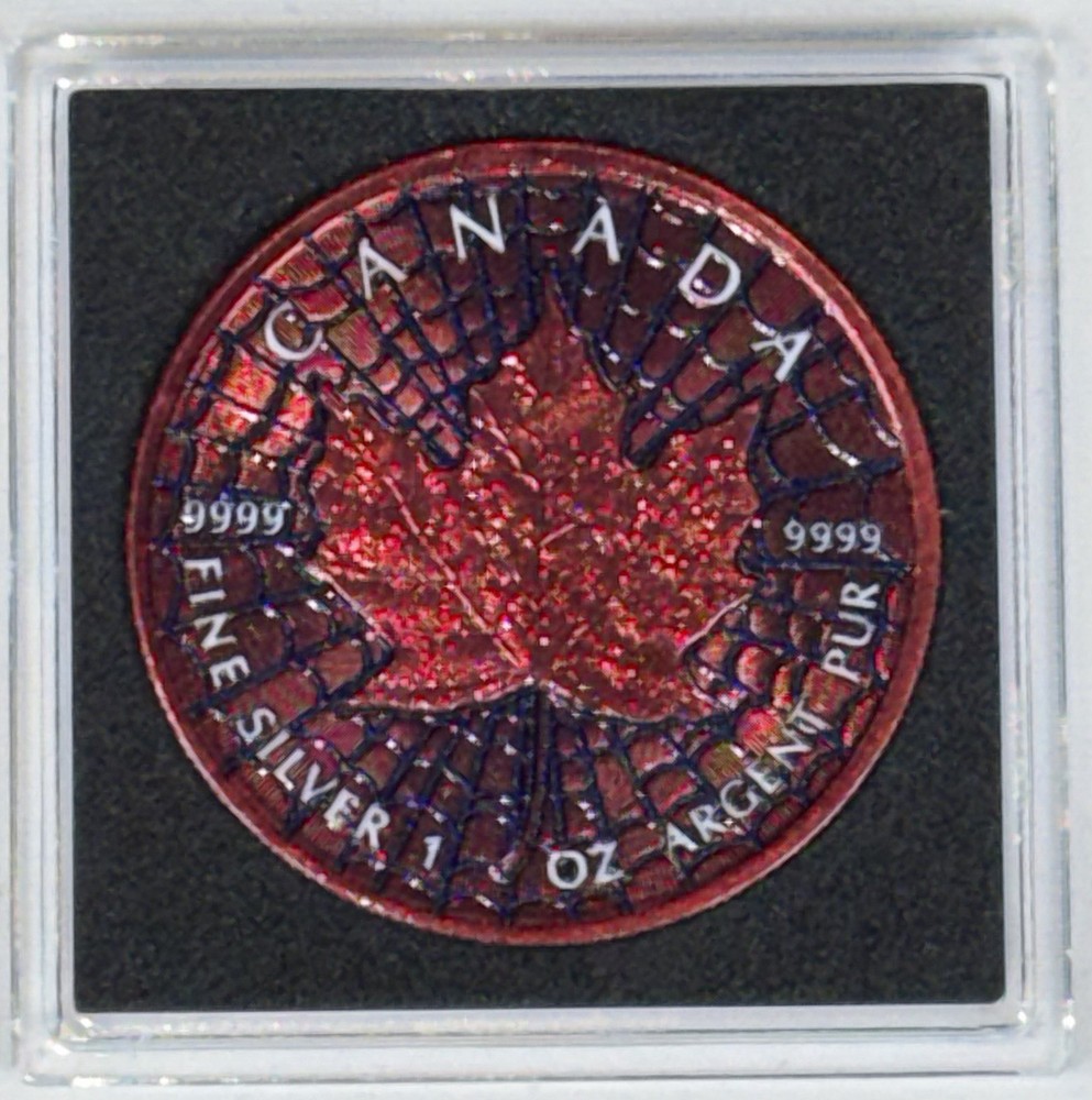 2023 Canada Maple Leaf Colorized "Spiderweb"  1 oz .9999 Silver Coin
