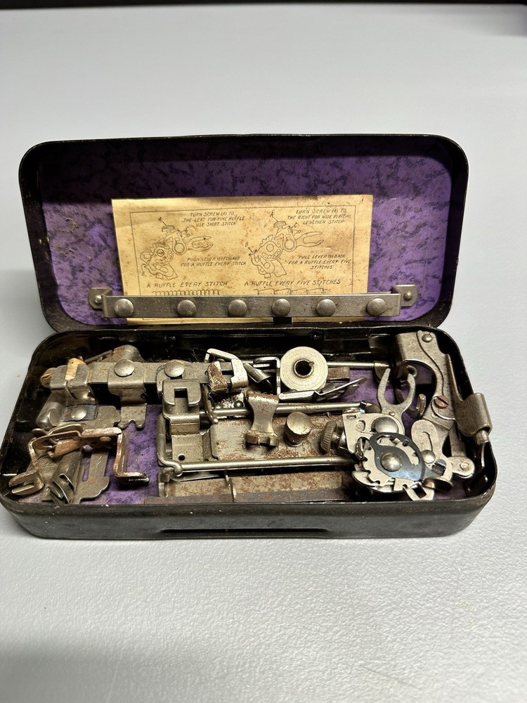 Vintage Greist Sewing Attachment Set Metal Box Assorted Attachments/Tools