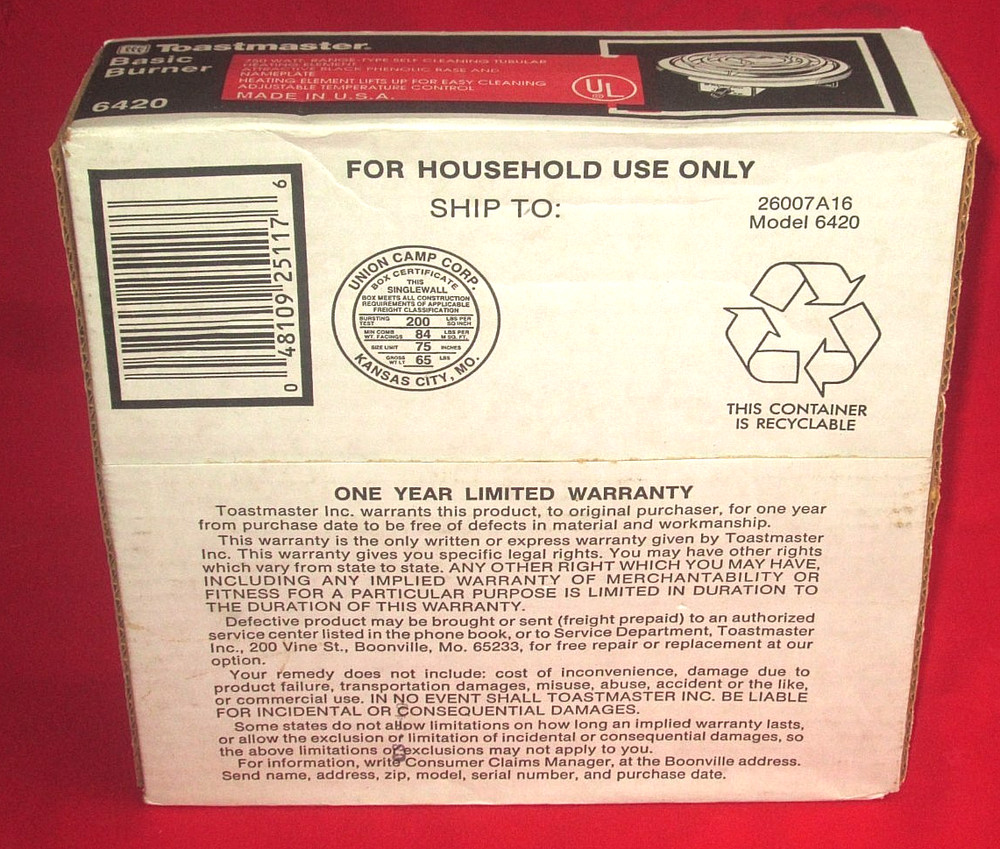 NEW! FACTORY SEALED! Toastmaster Basic Burner Single Burner Buffet Range #6420