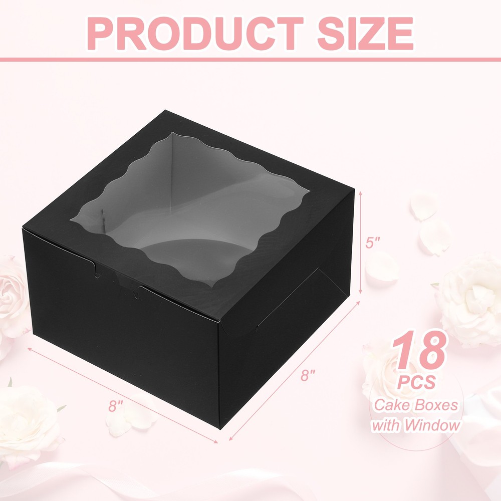 18 Pcs 8 x 8 x 5 Inch Cake Boxes with Window, Black