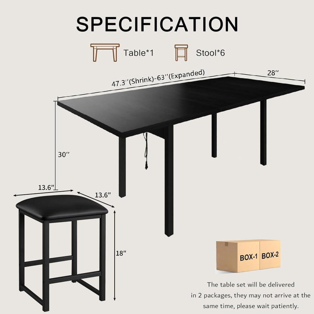 7-Piece Dining Table Set with 6 Square Stools, 63" Expandable Kitchen Table with