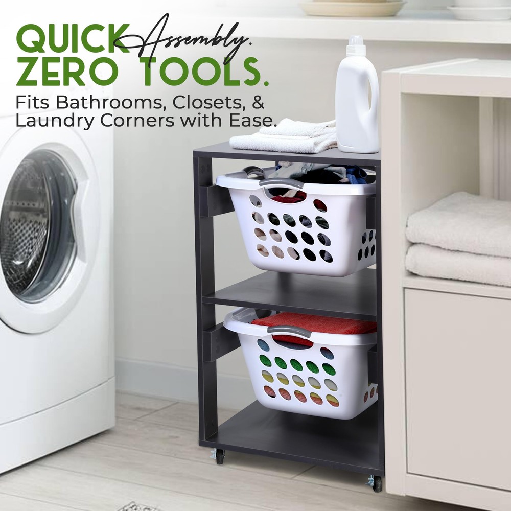 Laundry Basket Holder Shelf (2-Tier) - Stackable Engineered Wood Laundry Towe...