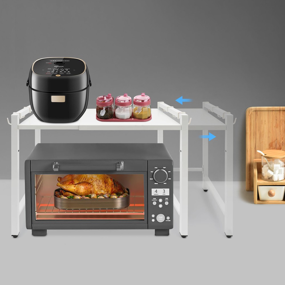 Extendable Microwave Oven Rack, 2-Tiers Adjustable Microwave Stand White Shelf