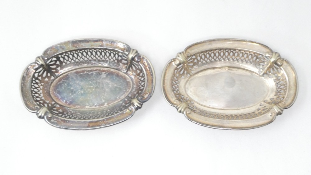 Pierced Oval Bon Bon Dish Pair Silver Plated Openwork Lattice Shell Motif