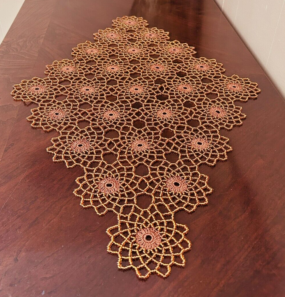 HANDMADE COPPER CROCHET BEADED DOILY 24/15"