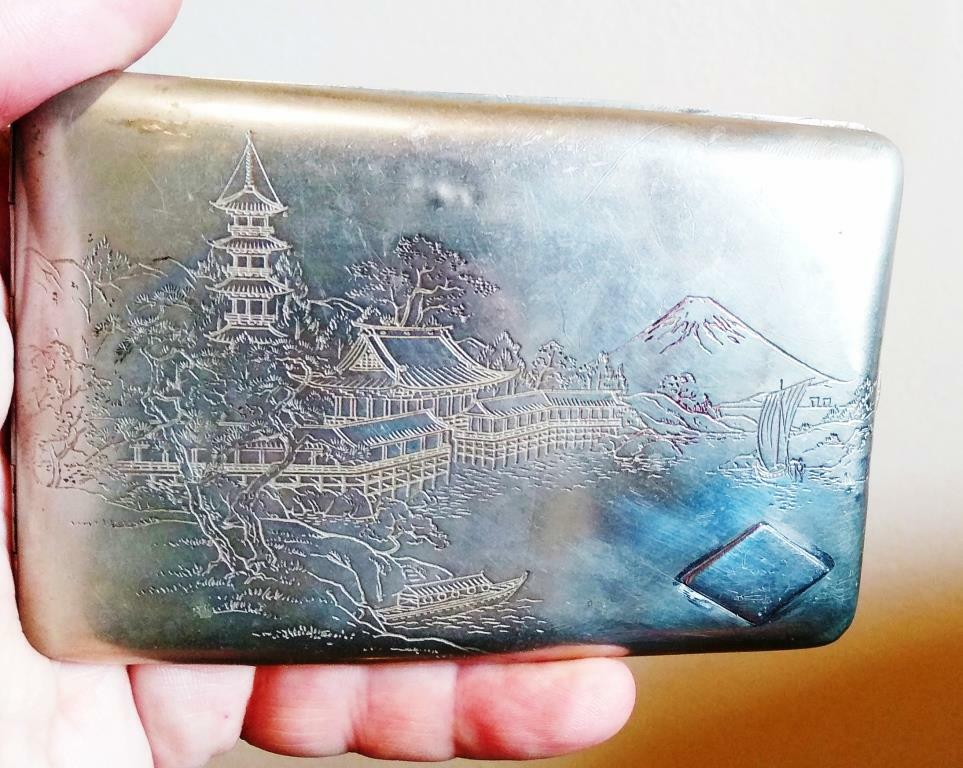 JAPANESE SILVER STERLING CIGARETTE CASE INLAID COPPER