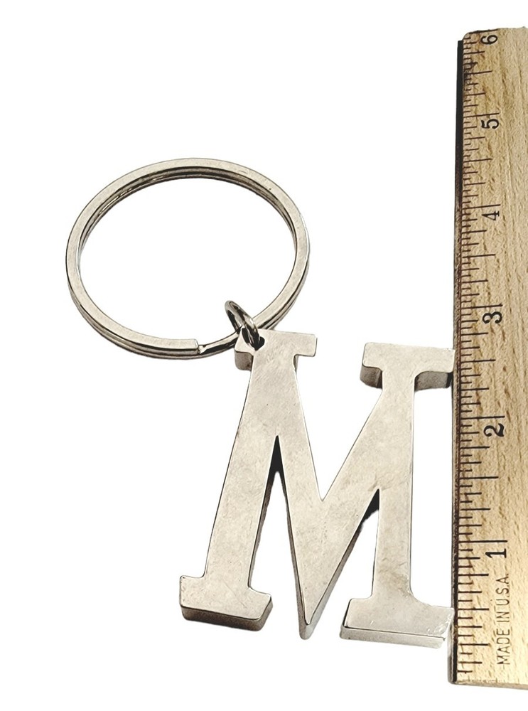 Letter M Keychain Silvertone Block Metal Script M Keyring Initial M KeyTag Ganz
