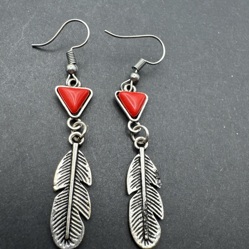 Native Inspired Dangle Drop 2.5” Earrings Silver Tone Red Stone Feather