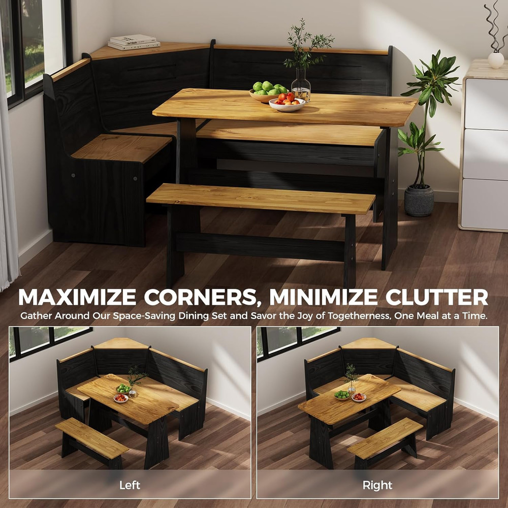 Solid Wood Corner Breakfast Nook Table Set for 4-6, Space Saving Black Booth