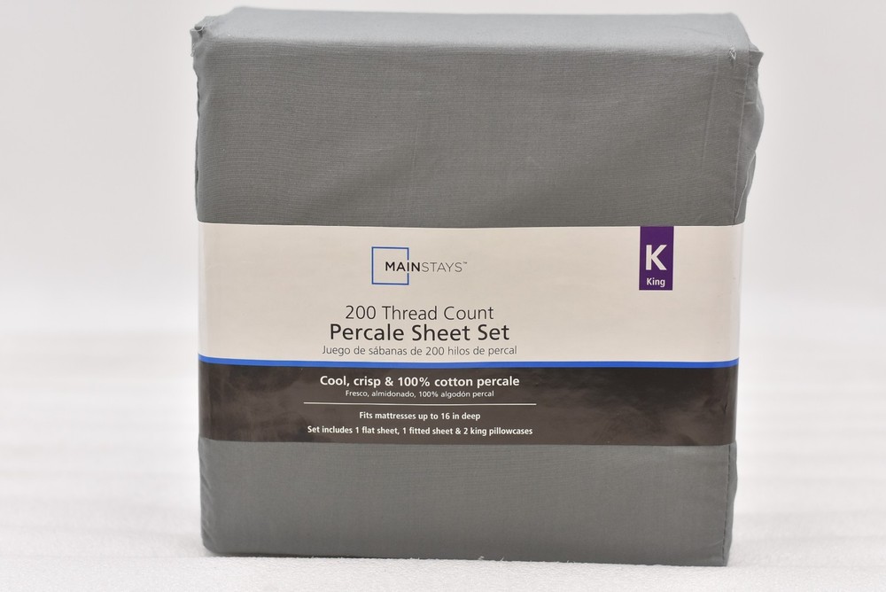 Mainstays 200 Thread Count 4 Piece Percale Sheet Set in Dark Grey, King
