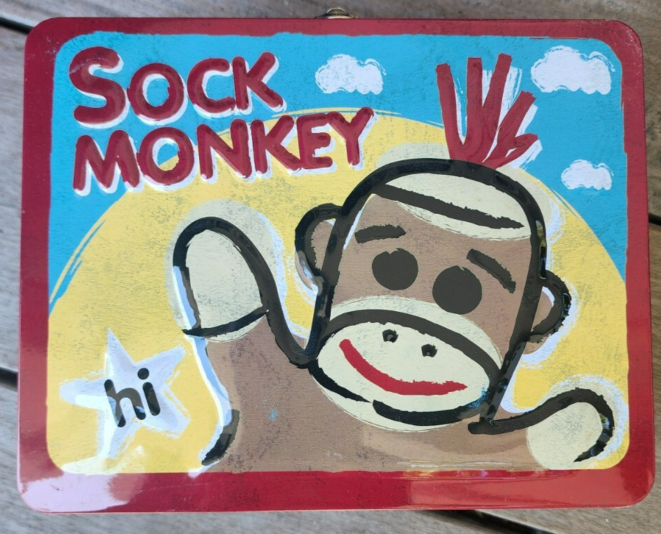 Schylling 2008 3D Sock Monkey Metal Lunch Box EUC Collectible Keepsake Box