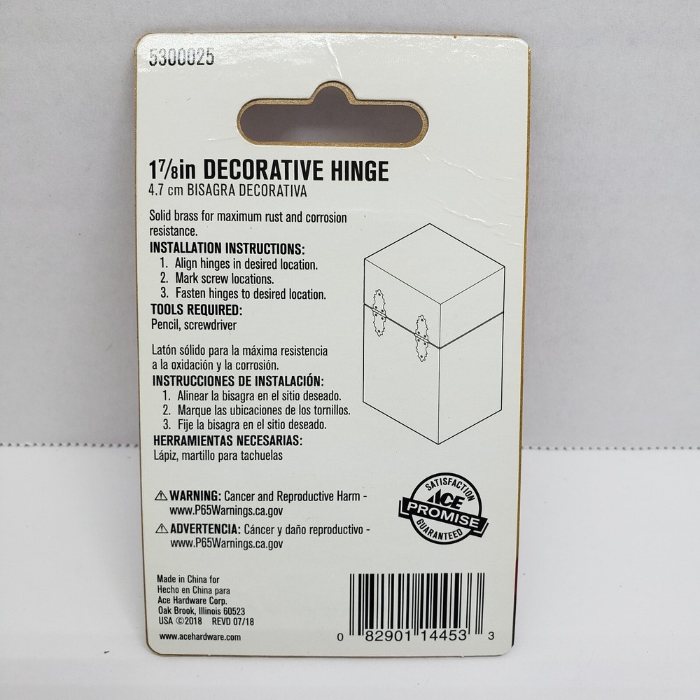 Ace Decorative Hinge SOLID BRASS 2 Pack 1-7/8" #5300025