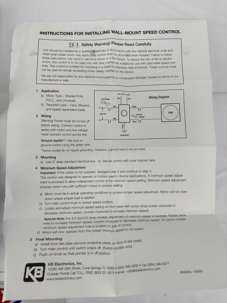 KB Electronics KBWC-25LK(4L) Solid State Motor Speed Control 5A 240V