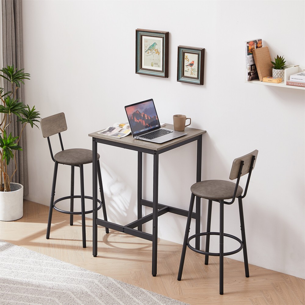 3 Piece Bar Table Set Counter Height Dining Kitchen Table with 2 Bar Stools Grey