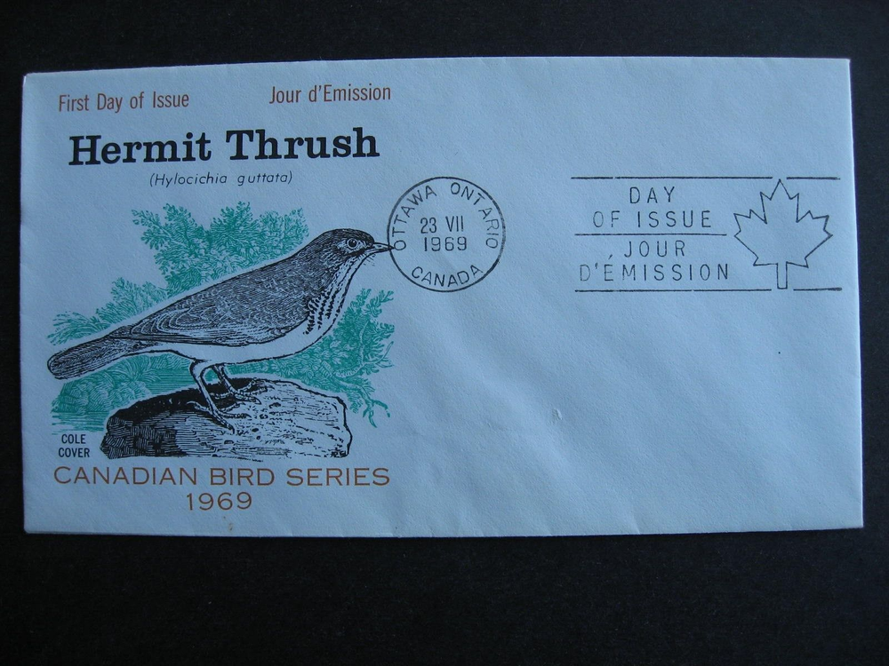 Canada missing stamp FDC error, variety bird Hermit Thrush Sc 498 cachet