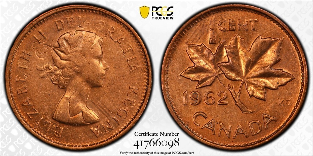 1962 Canada 1 Cent ERROR, Flip over Double Struck - PCGS Uncirculated MS64 RD