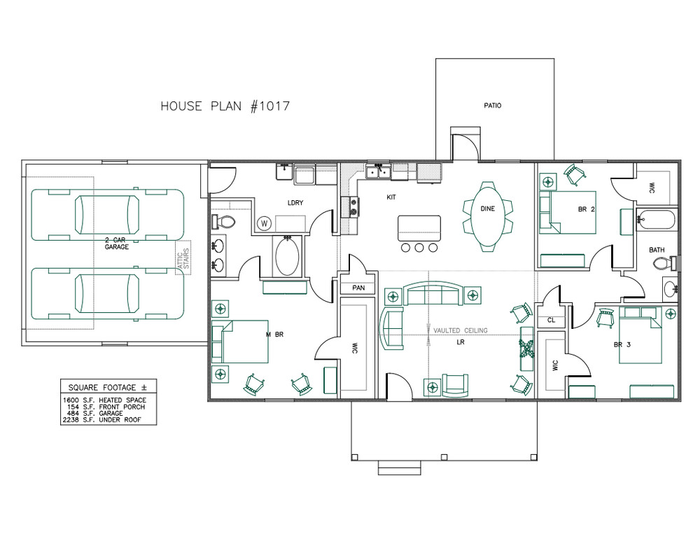 Ranch House Plans 1600 SF Open Floor/Split 3 Bed 2 Bath (Blueprints) #1017