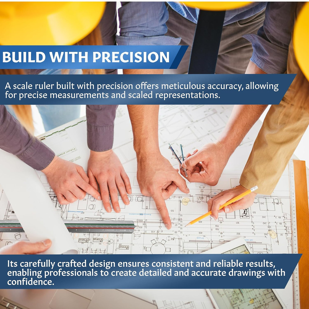 12" Aluminum Architect Scale Ruler Laser Etched Triangle Drafting Ruler, Colo...