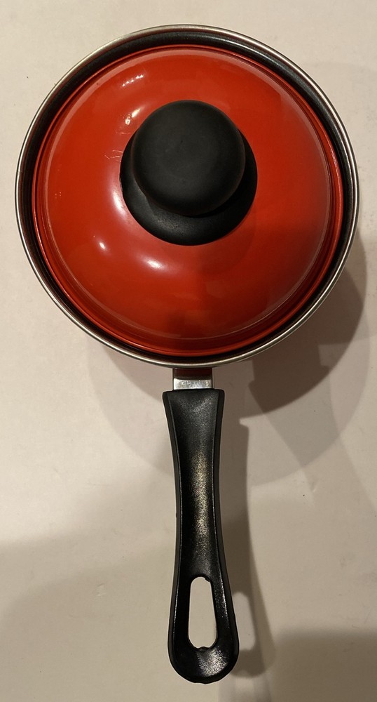 Enamelware Pan With Lid Solid RED Enamel Medium Pot Farmhouse 6.5” Diameter