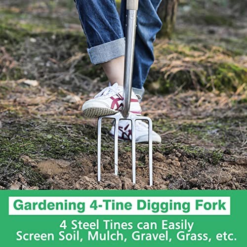 Gardening Digging Fork, 4-Tine Spading Fork with D 4-Tine Spading Digging Fork