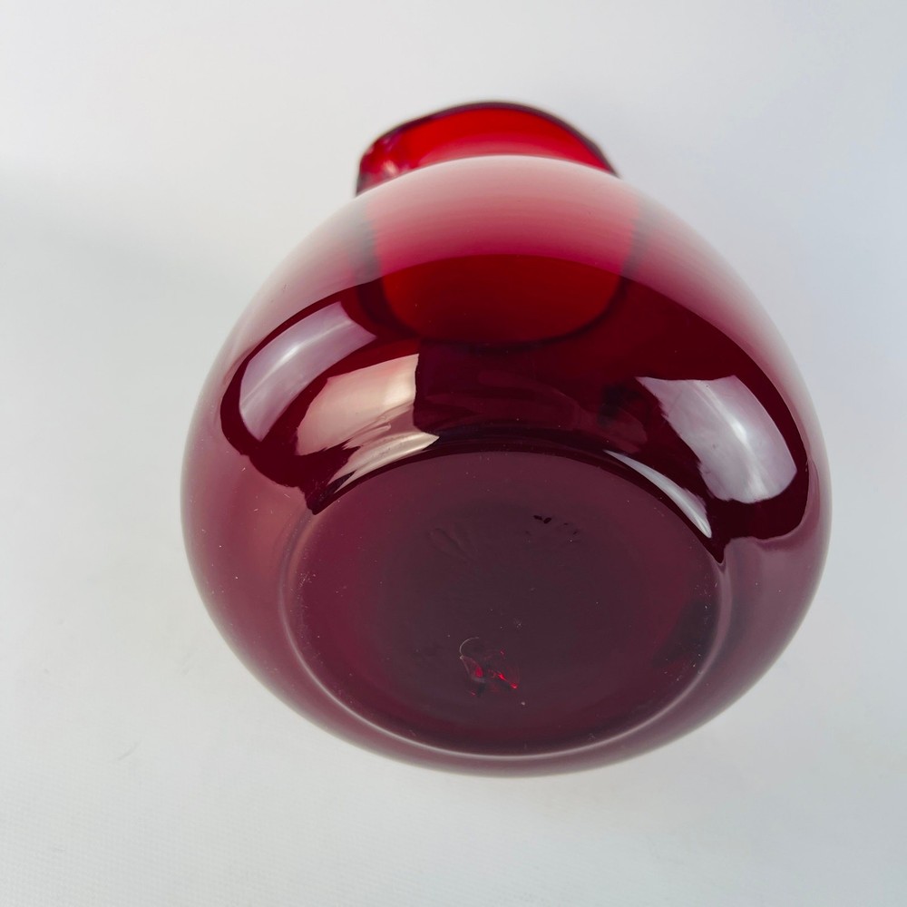 Hand Blown Art Glass Water Pitcher Ruby Red / Cranberry 7” Applied Handle