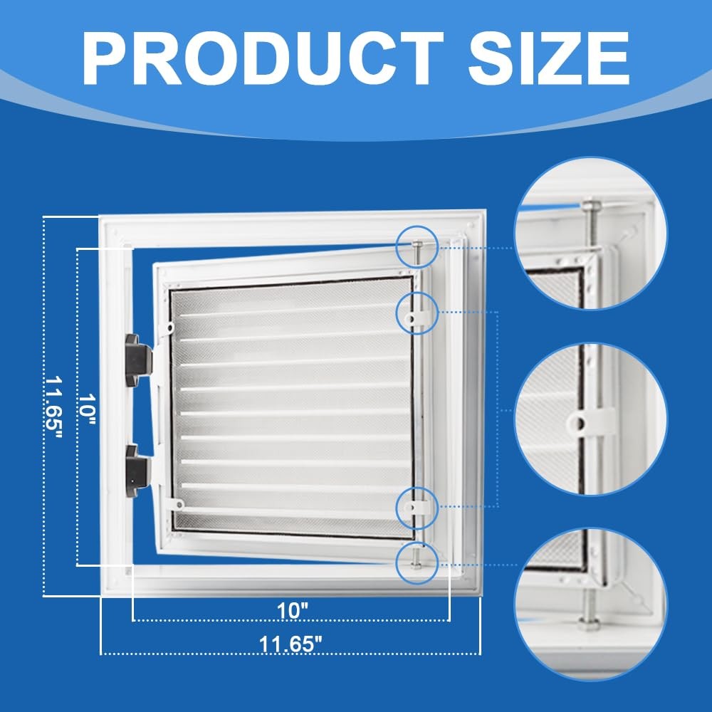 11.65 Access Panel, 10x10 Inside, Aluminum, White, Vent, Push-Button, Drywall