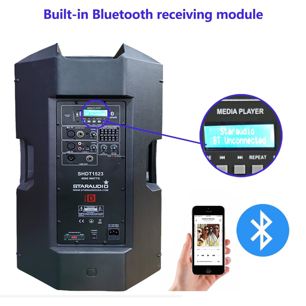 2-Way 15" PA Active DJs Speaker System 4000W Powered Karaoke Bluetooth Speaker