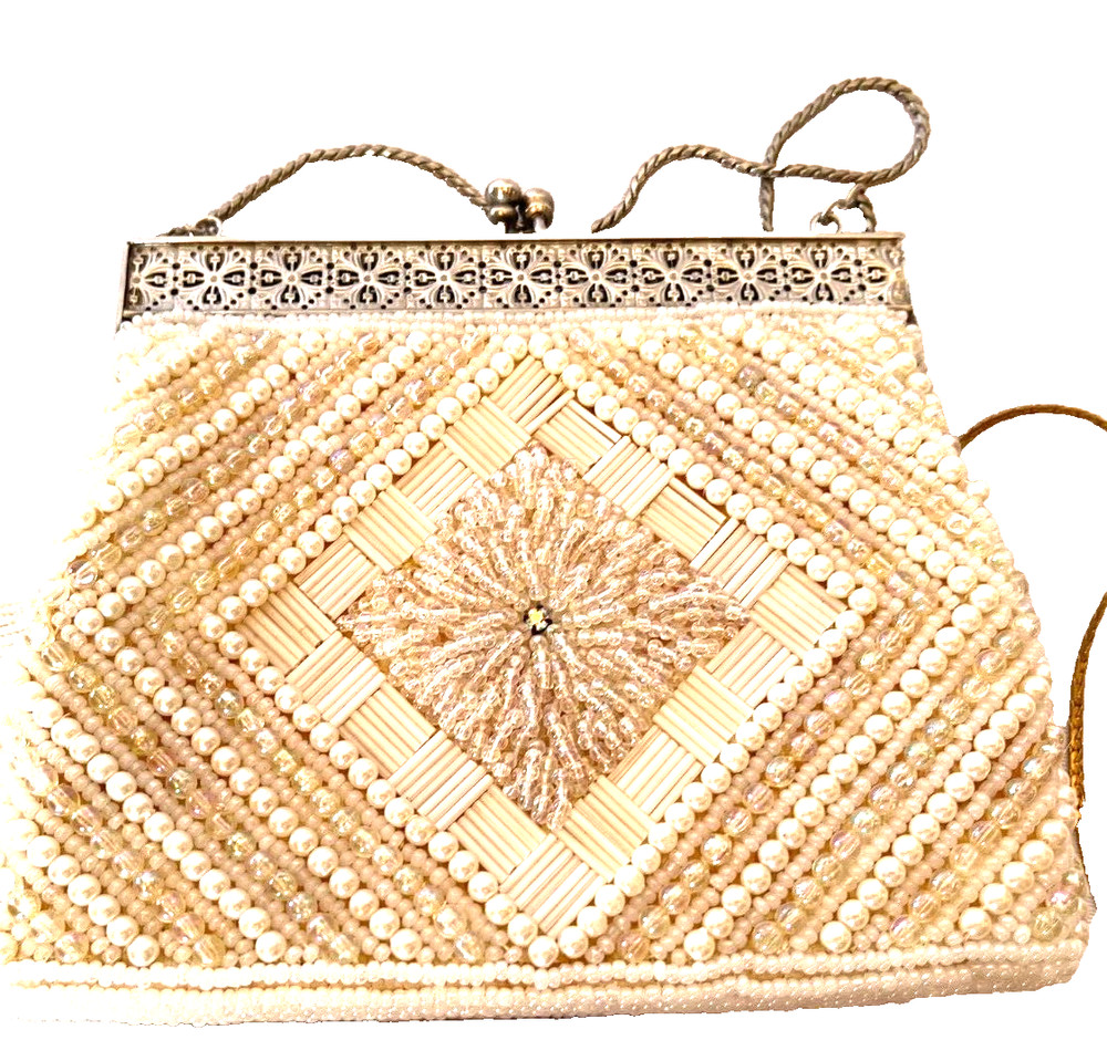 3 Purses; 2 Beaded White Purses W/ Sequin/ 1 Needle- point Tan evening Purse