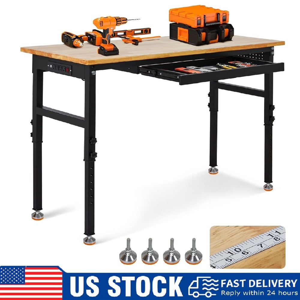 60" Heavy Duty Workbench ,Adjustable Work Bench Garage w/ Power Outlets & Drawer