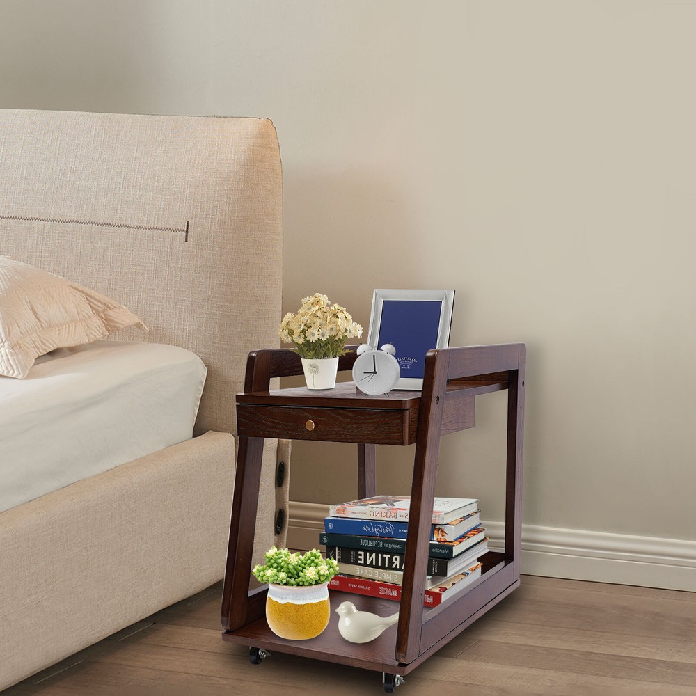 Walnut Retro Wood End Table, 2-tier Side Table, Storage Couch Table with Wheels
