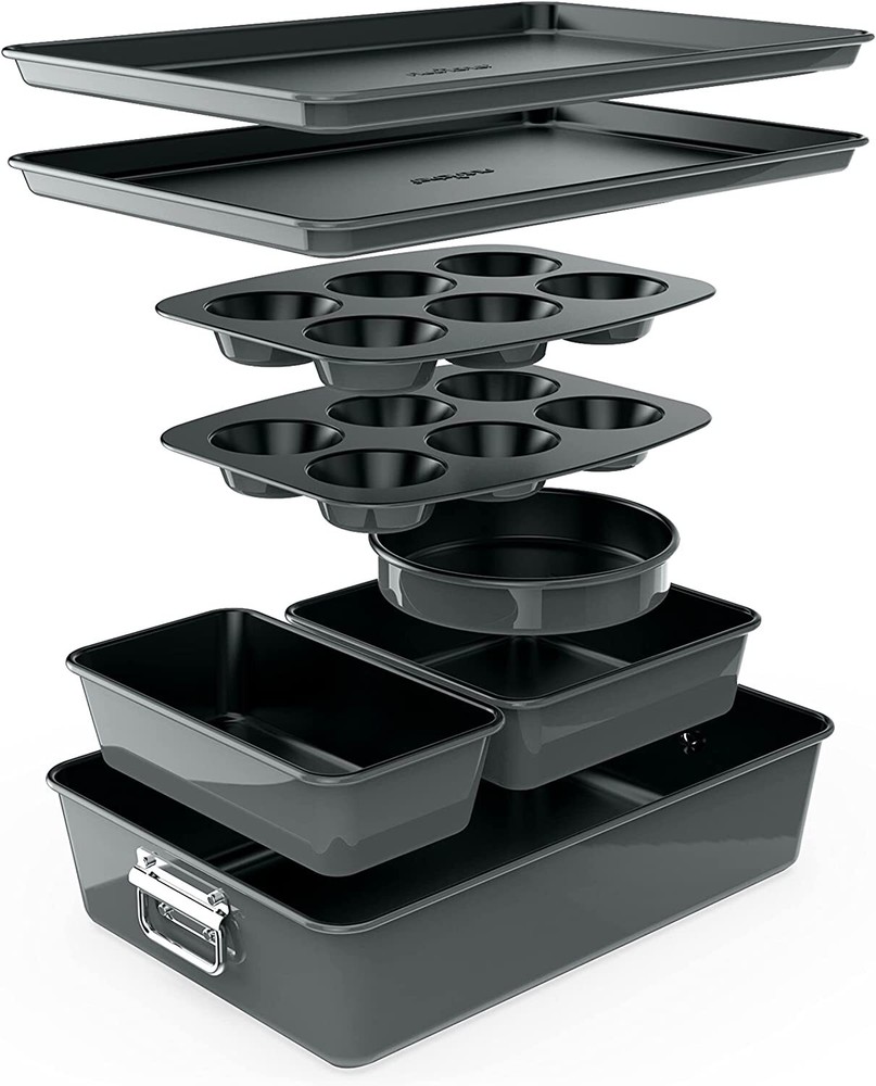 Nutrichef NCBKSTK7 8Pc Stackable Carbon Steel Bakeware-Gray