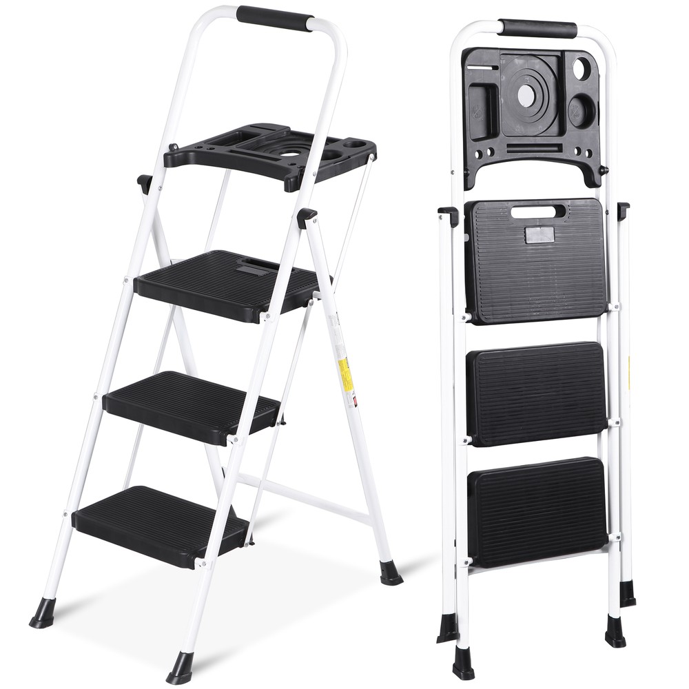 3 Step Ladder with Tool Platform 330 Lbs Lord Heavy Duty Step Ladder White