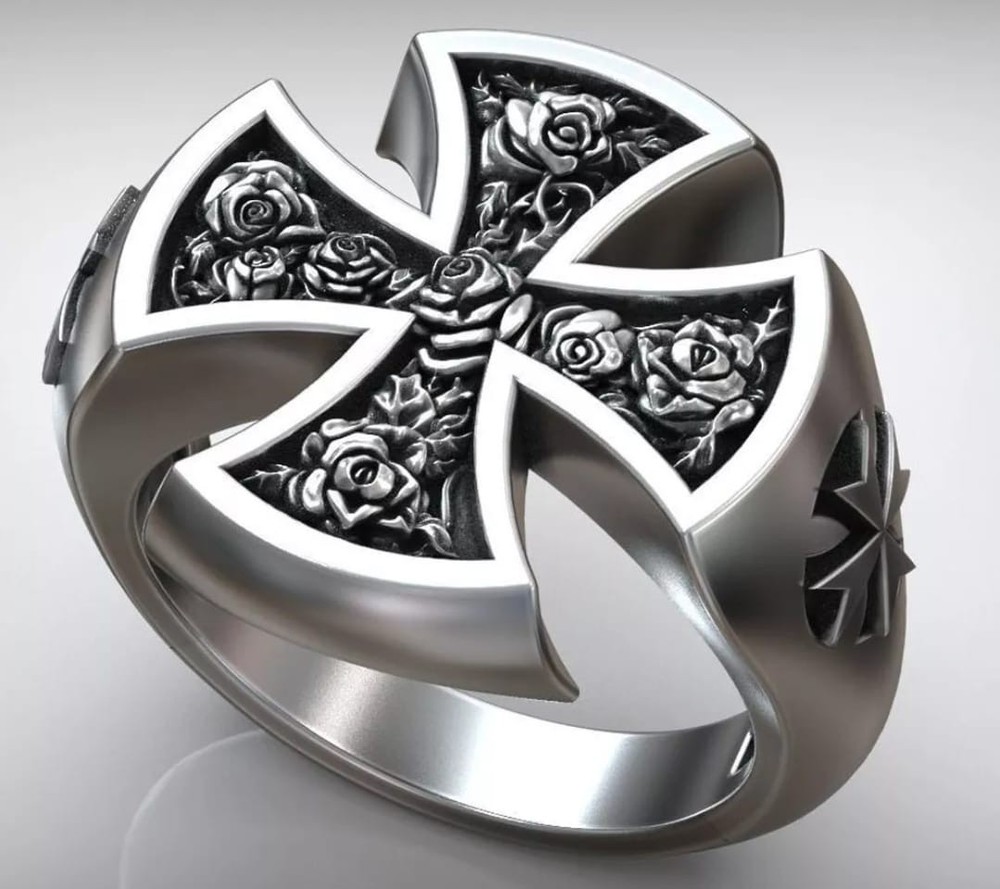 Solid 925 Sterling Silver Maltese Cross Rose Ring Men’s Gothic Biker Statement J