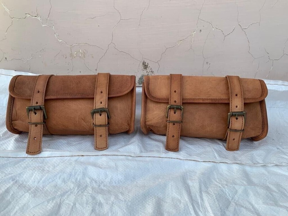 Bag Tool Motorcycle Leather Brown Saddle Pouch Luggage Side Fork Storage Front