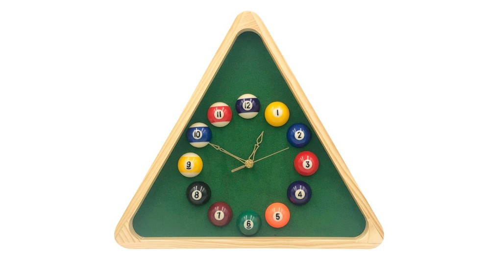 14-Inch Triangle Pool Table Wall Clock - Billiards Room Decor, Solid Wood Frame
