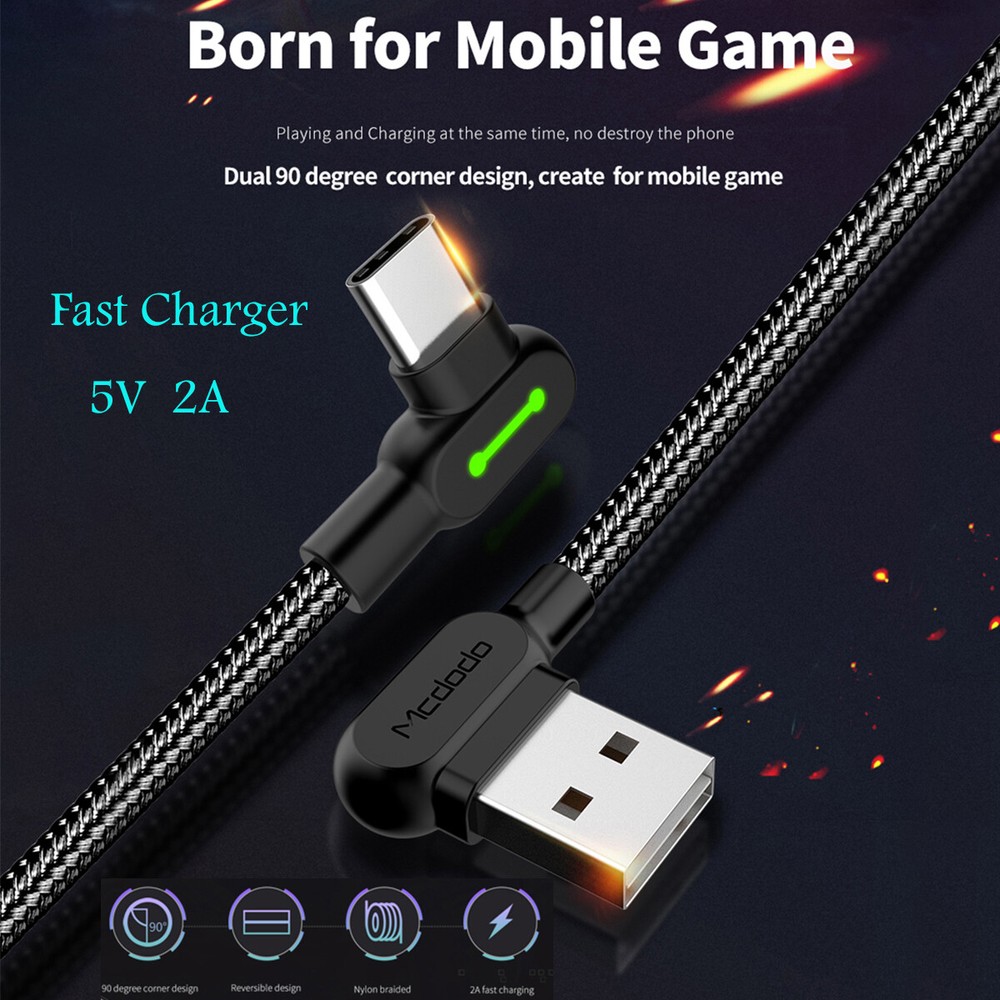 USB Type-C Fast Charger Right Angle USB-A to USB C Charging Cable Data SYNC Cord