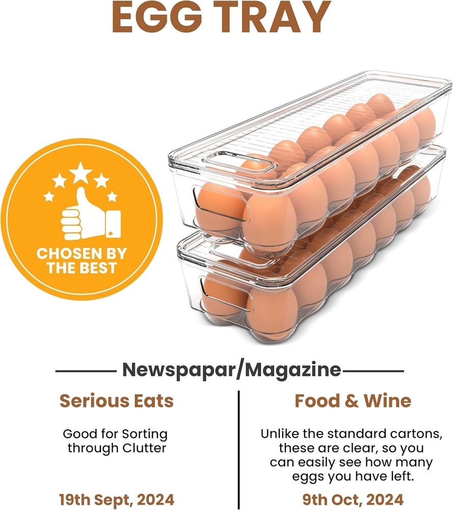 Egg Container with Lid and Handle for Refrigerator Organization- Pack of 2 - Cle