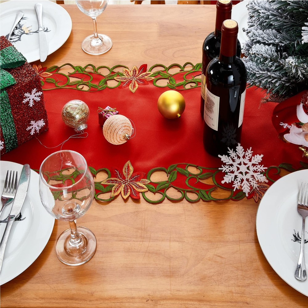 AMARED Christmas Embroidered Table Runner Cutwork Green Leaves Holiday Table Lin