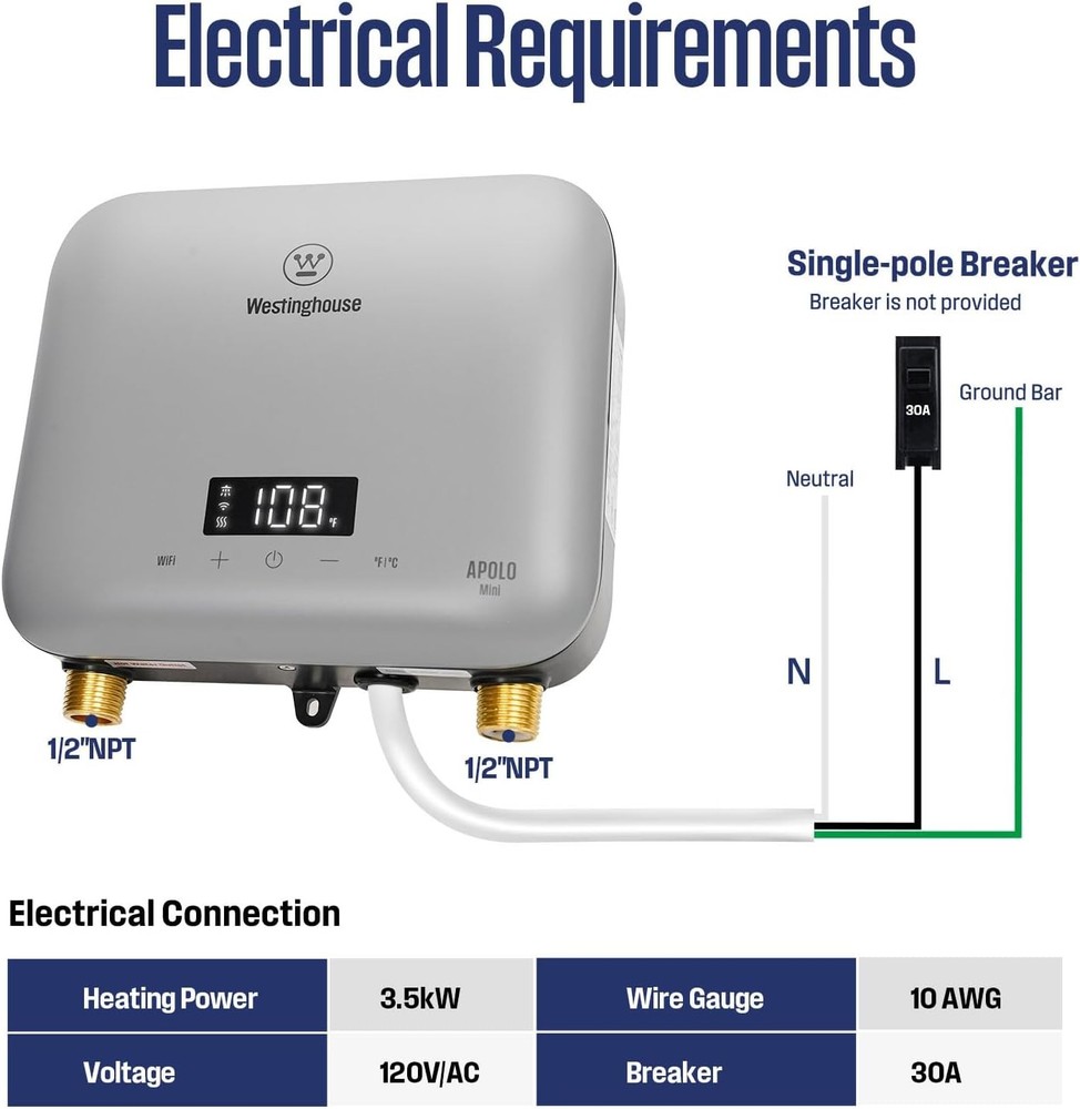 Westinghouse 3.5kW Tankless Water Heater Electric Smart with WiFi & Amazon Alexa