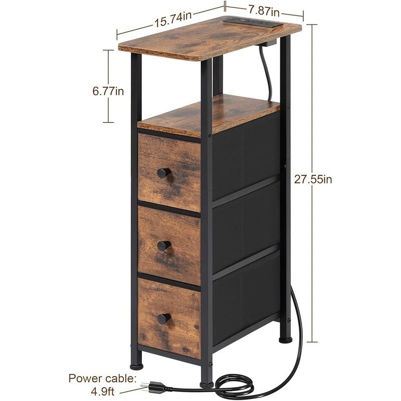 Compact End Table W/ USB Charging Station & Drawer Storage Small Spaces