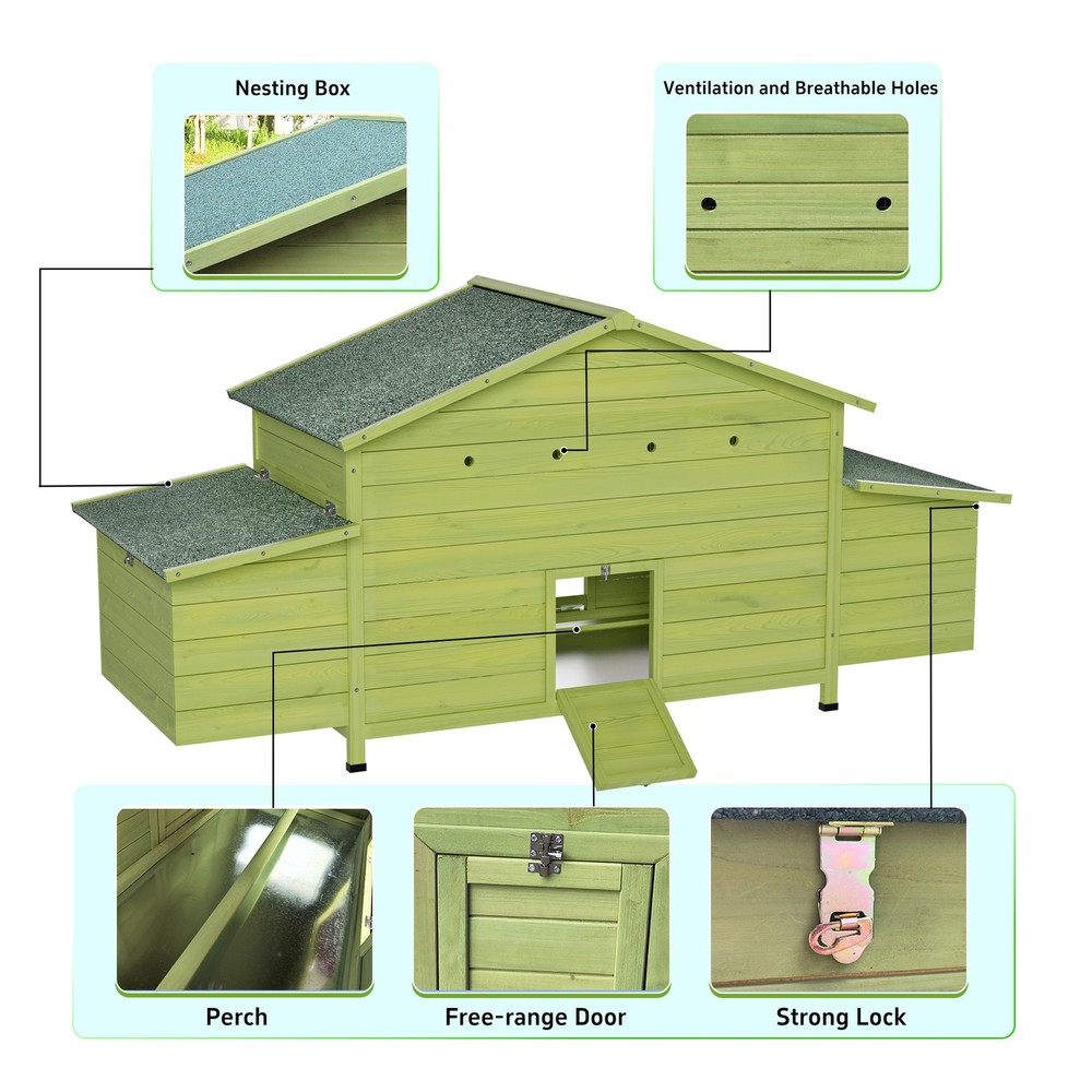 11.12 ft² Wooden Chicken Coop 2 Free-Range Doors 2 Nesting Boxes & Perch