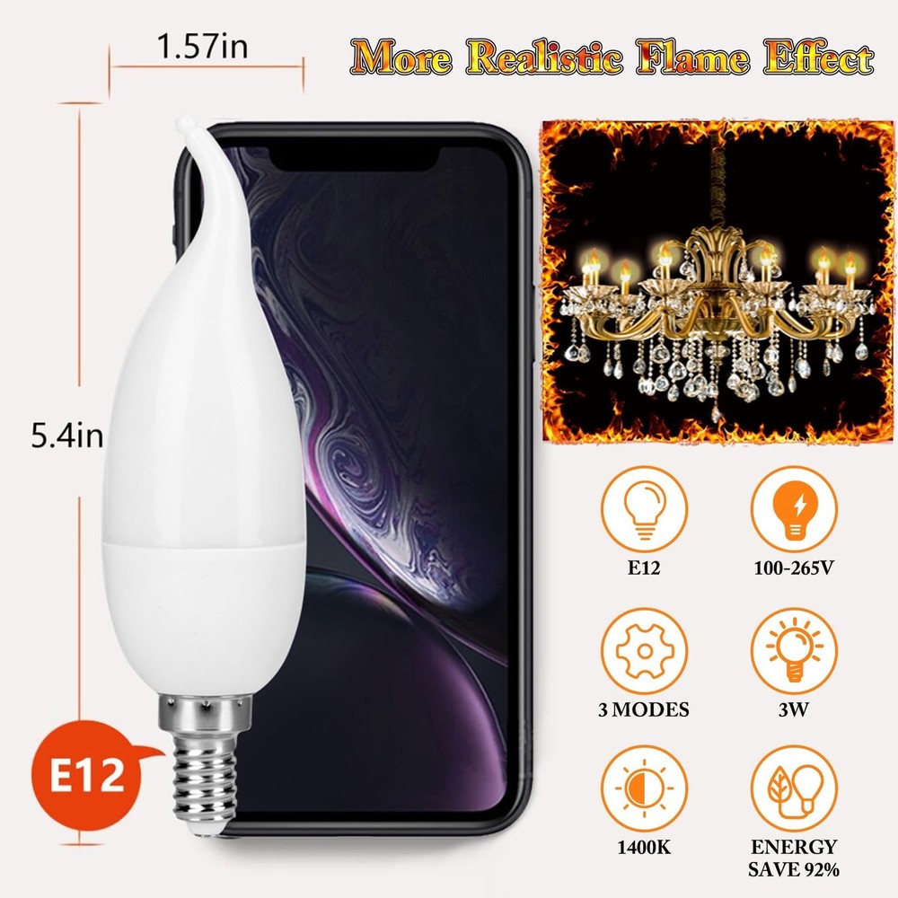 E12 LED Flickering Candelabra Flame Effect Light Bulbs - Upgrade Flicker