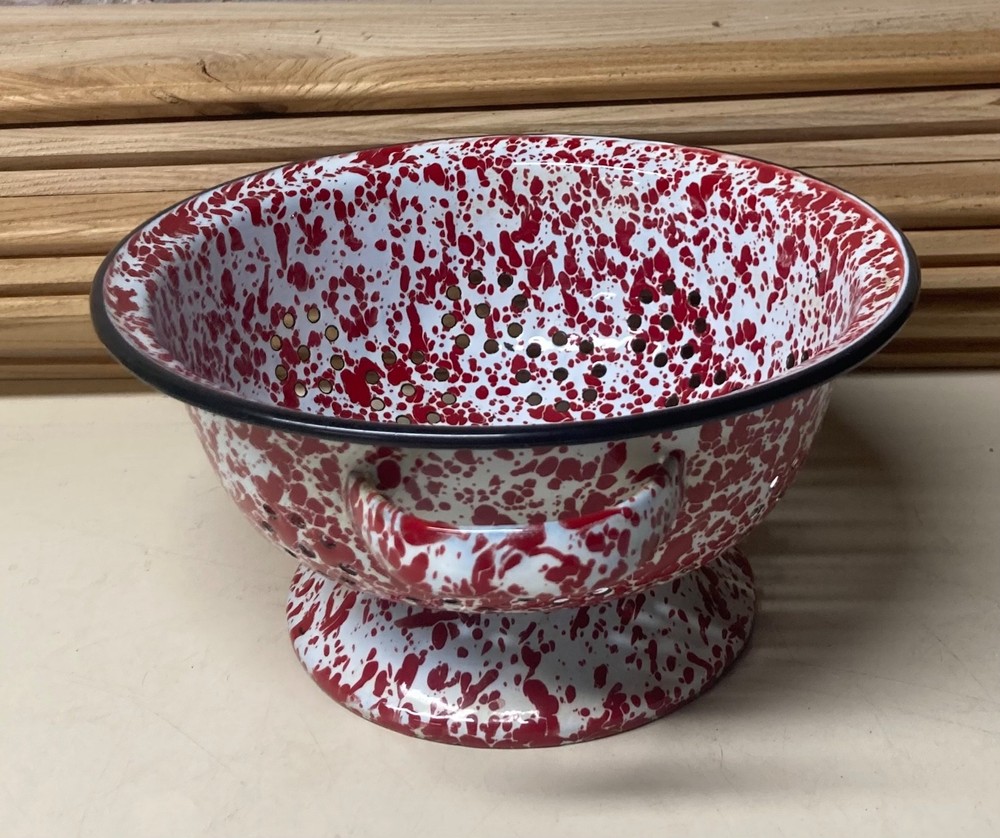 Vintage Enamelware Graniteware Red White Splatterware Colander 9" Diameter