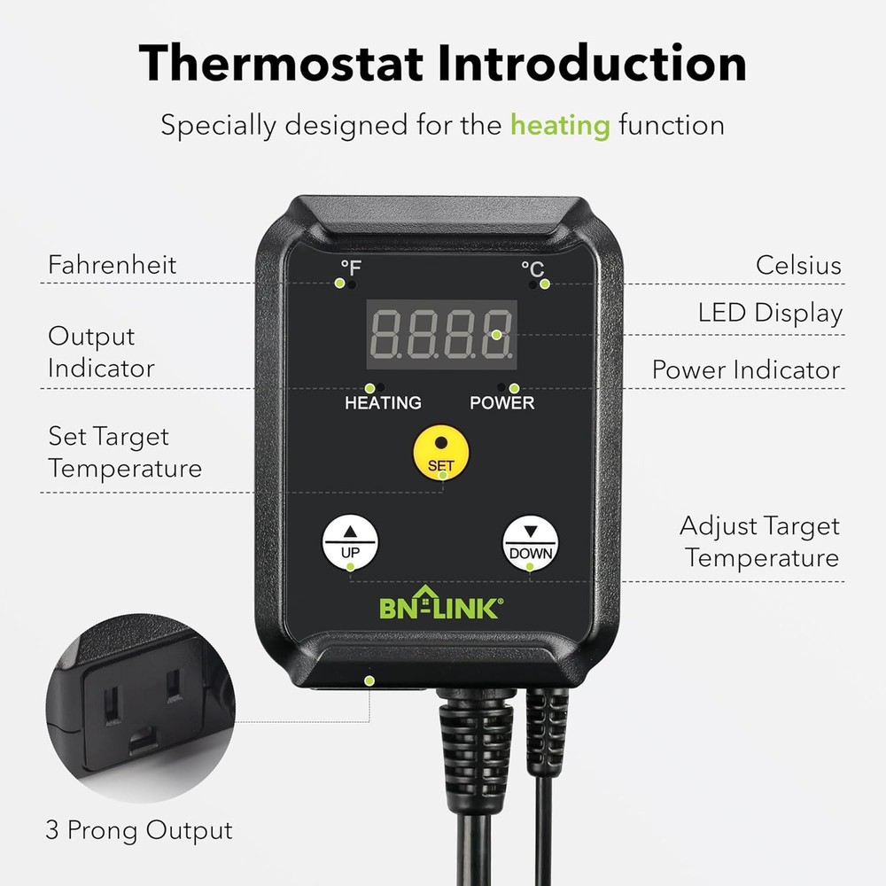 BN-LINK Reptile Thermostat Temperature Controller, Only, Black